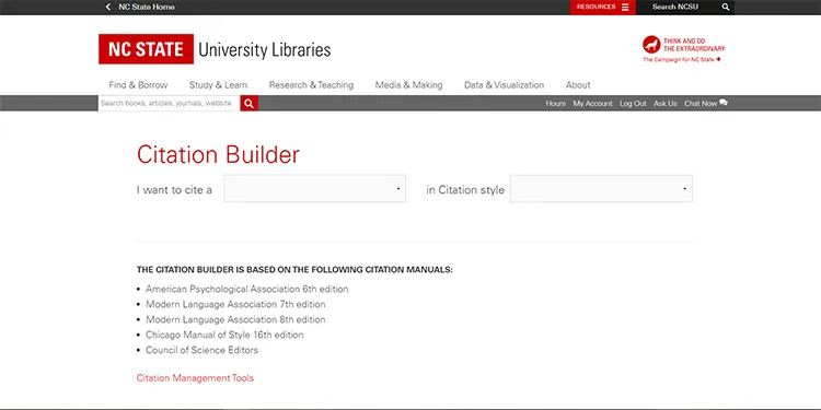 Citation Builder is simple to use and is web-based, allowing users to choose between MLA, APA, Chicago and CSE/CBE formatting styles.