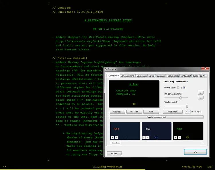 Screenshot of WriteMonkey, free novel writing software