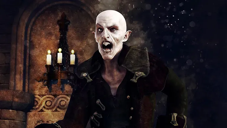 a vampire-like figure stands before candles, teeth bared