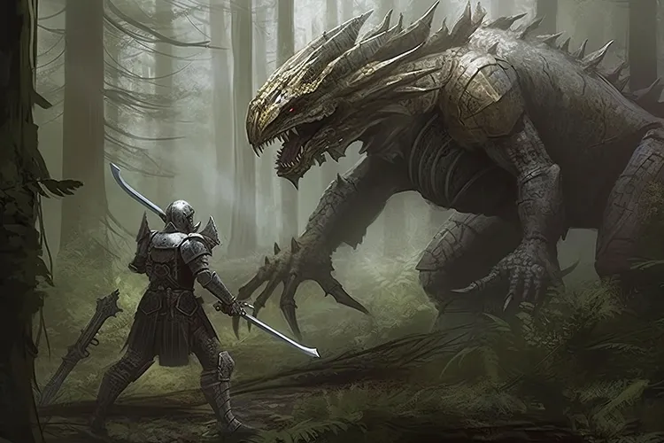 Fighting a monster in the woods