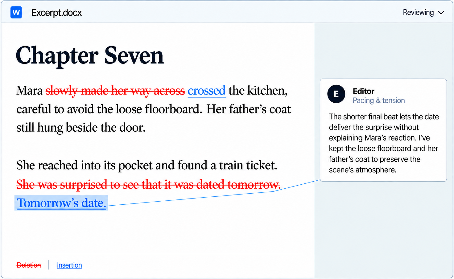 Book editing sample showing tighter prose and a shorter final sentence, with an editor’s comment explaining how the revision strengthens pacing.