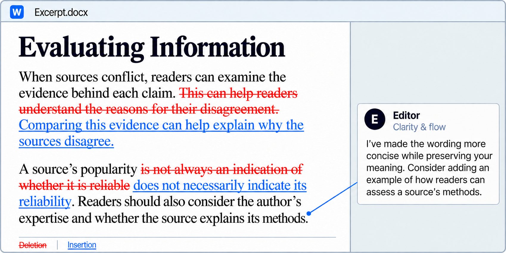 Editing sample demonstrating concise phrasing, qualified claims, and a suggestion for further development.