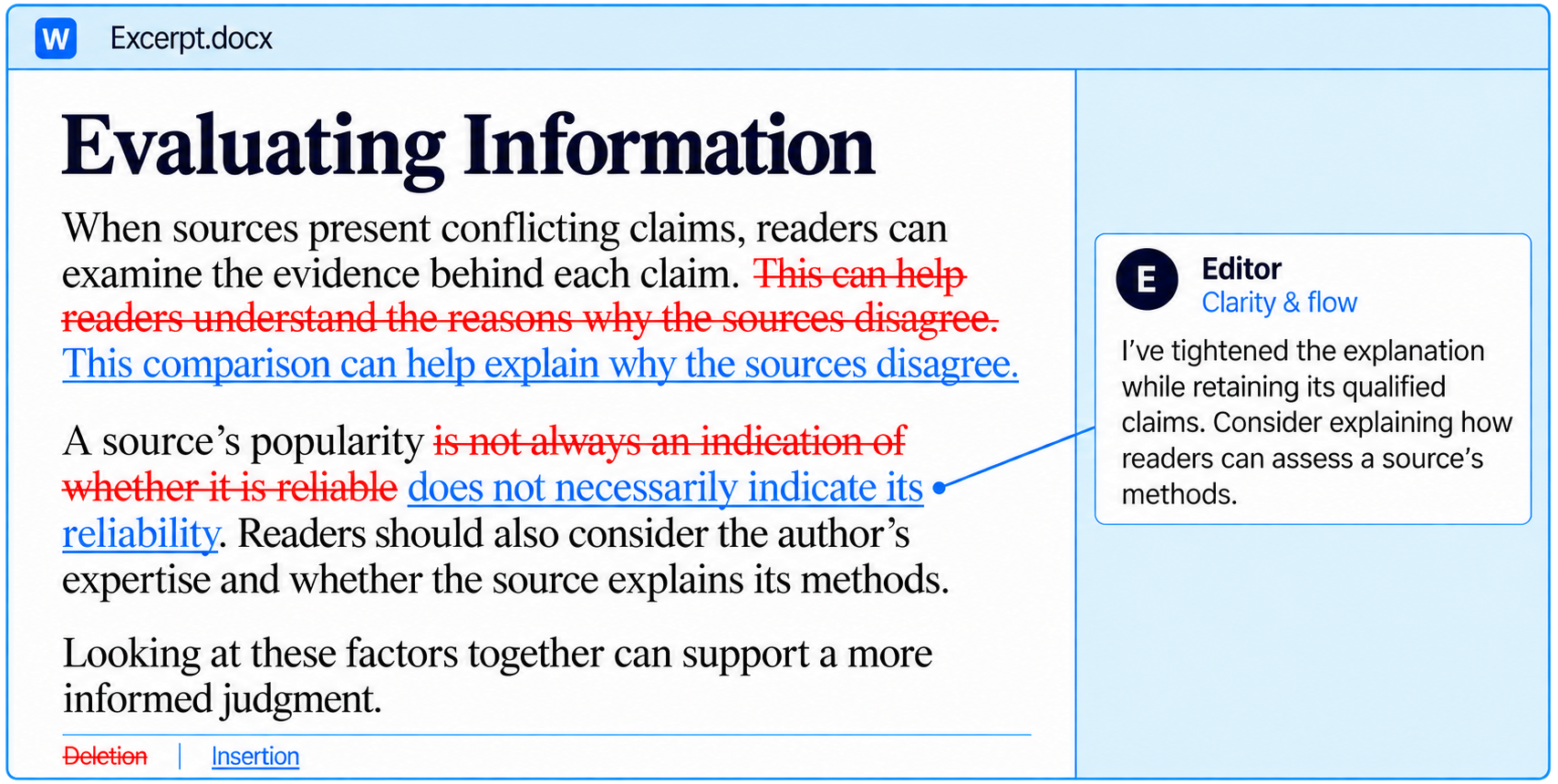 Editing sample demonstrating concise phrasing, qualified claims, and a suggestion for further development.